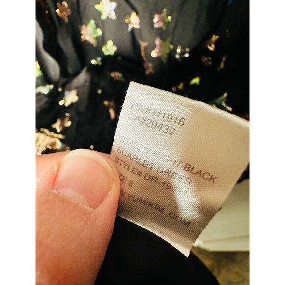 YUMI KIM Black Chiffon Metallic Star Print Blouson Sleeves Scarlett Star Dress 8 - Picture 11 of 15